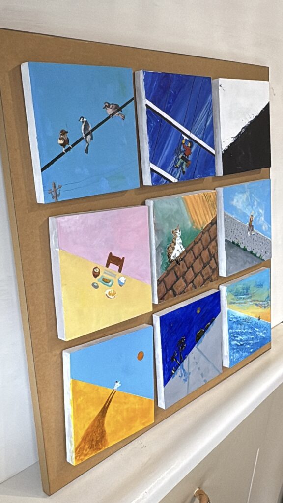 強化段ボールにアクリルペイント『シカクとナナメ』